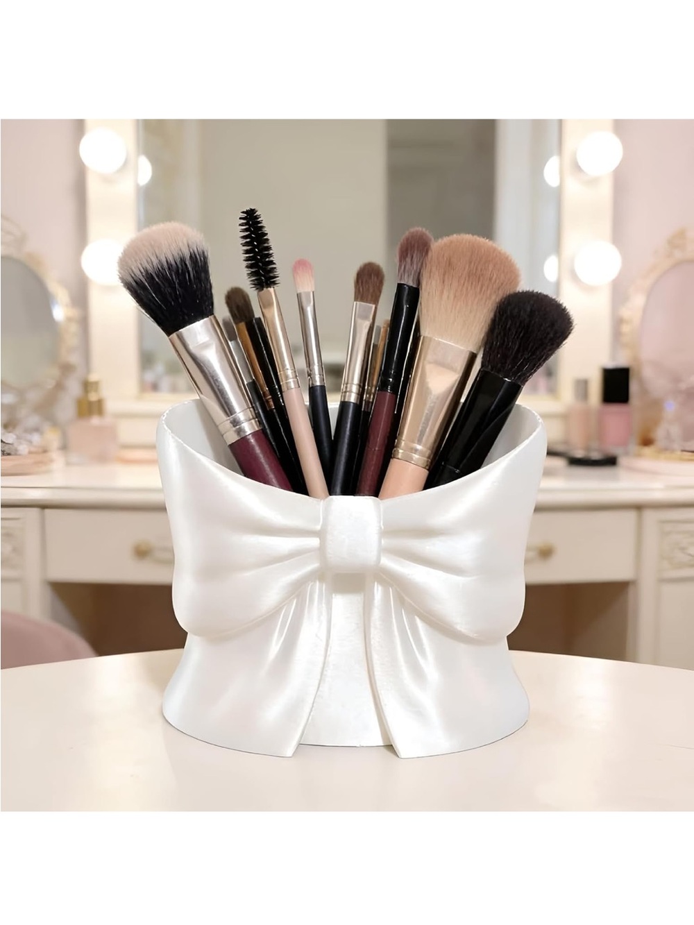 Makeup Brush Holder Organizer - White Bow Design